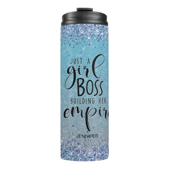 Blue Glitter Girl Boss Name Building Empire Thermal Tumbler (Front)