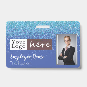 Blue Glitter Girly One Photo Employee Name ID Badge