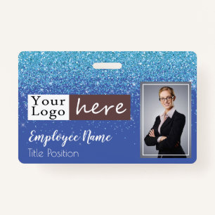 Blue Glitter Girly One Photo Employee Name ID Badge