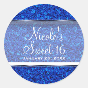 Blue Glitter Glam Sweet 16 Custom Party Favour Classic Round Sticker