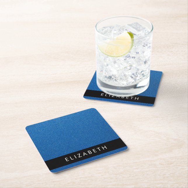 Blue Glitter, Glitter Background, Your Name Square Paper Coaster (Insitu)