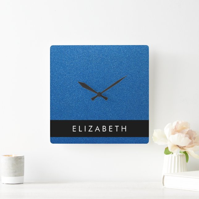 Blue Glitter, Glitter Background, Your Name Square Wall Clock (Home)