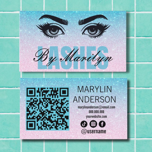 Blue Glitter Gradient Lashes QR Code Scannable Business Card (Creator Uploaded)