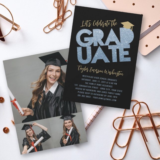 Blue Glitter Graduate Cutout Graduation Party Invitation (Creator Uploaded)