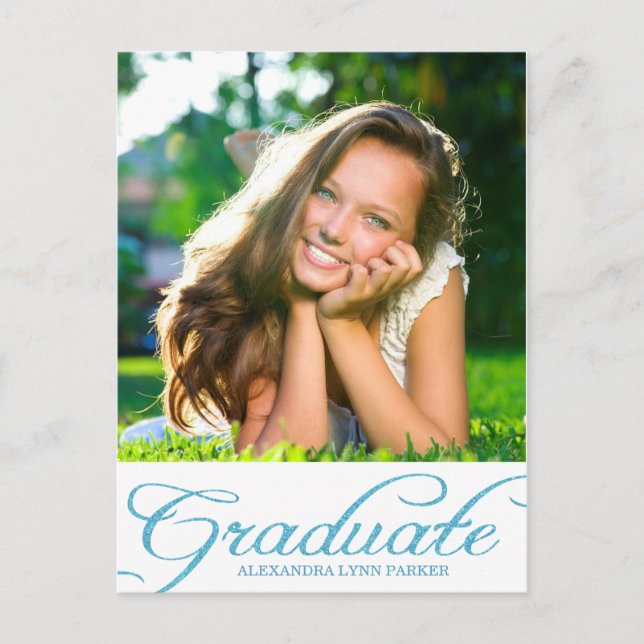 Blue Glitter Graduation Party Invitation Postcard (Front)