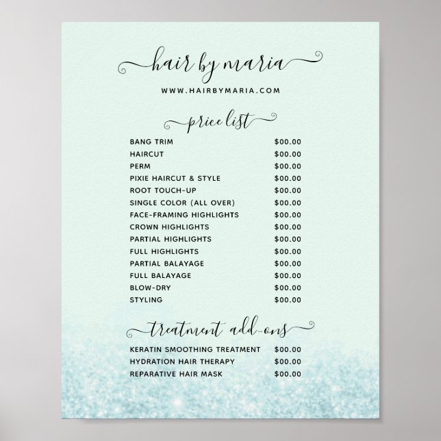 Blue Glitter Hair Salon Spa Price List Poster (Front)