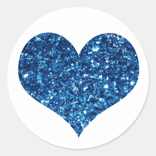 Blue Glitter Heart Classic Round Sticker (Front)