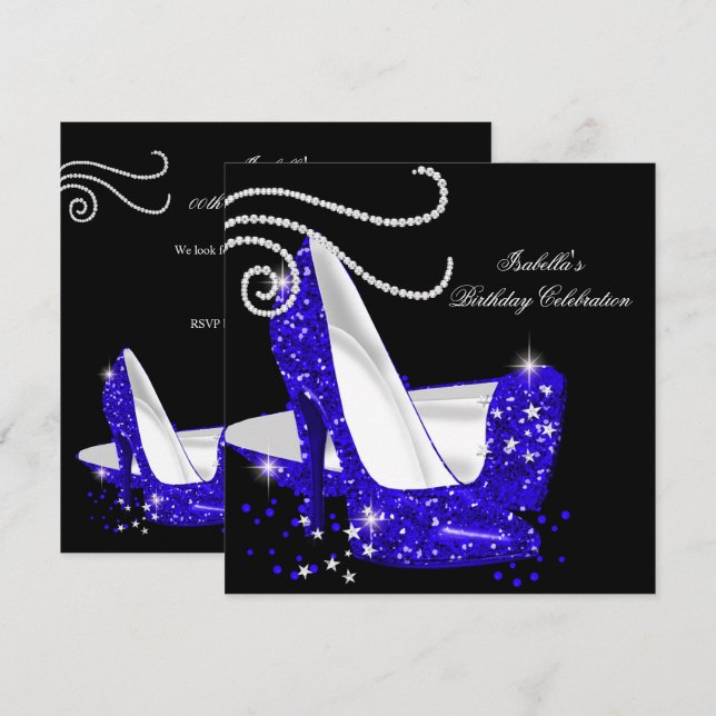 Blue Glitter High Heels Black Birthday Party Invitation (Front/Back)