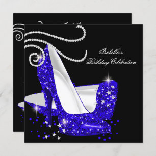 Blue Glitter High Heels Black Birthday Party Invitation