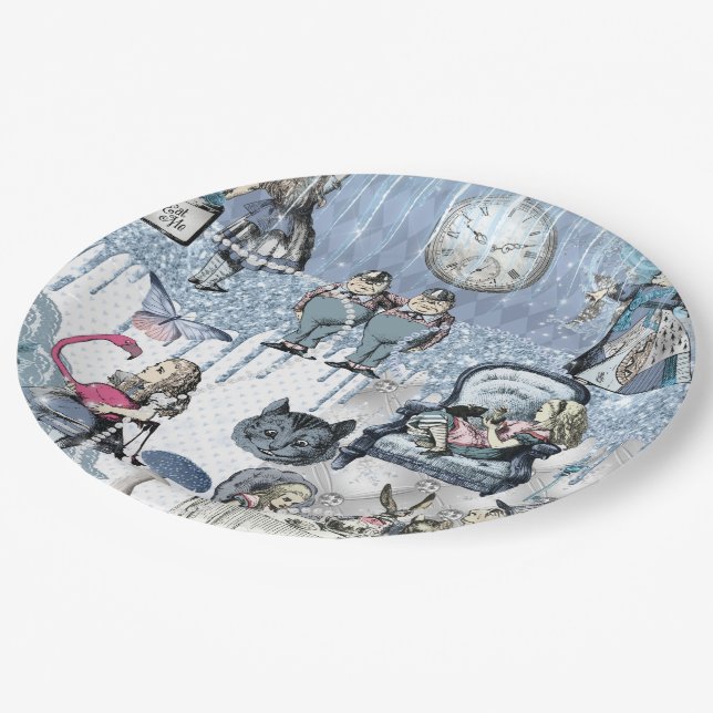 Blue Glitter Ice Alice in Wonderland Paper Plate (Angled)