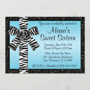 Blue Glitter Invite With Zebra Print Bow