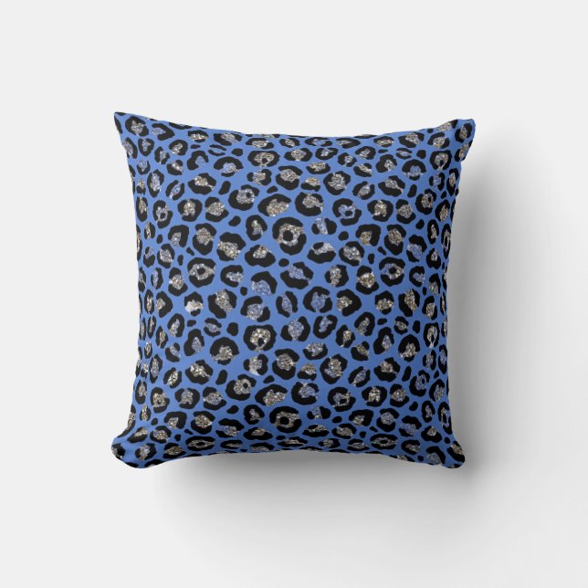 Blue Glitter Leopard Animal Print Cushion (Front)