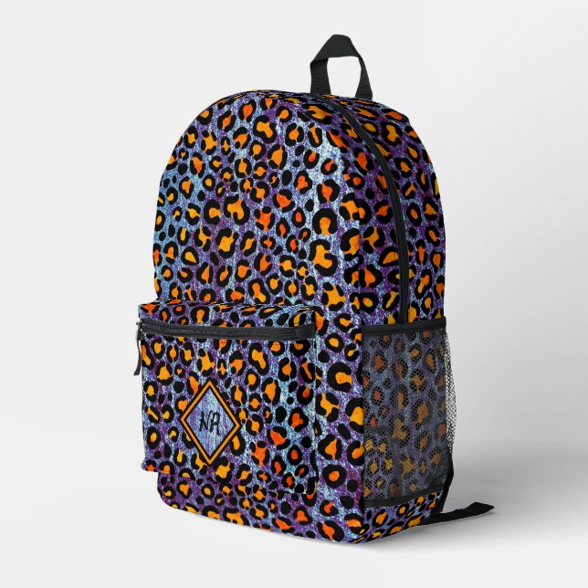   Blue Glitter Leopard Pattern Girly Cheetah Print Printed Backpack (Back Corner Right)