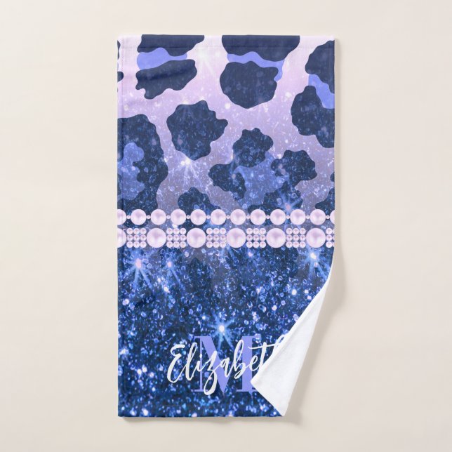 Blue Glitter Leopard Print Bath Towel Set (Hand Towel)