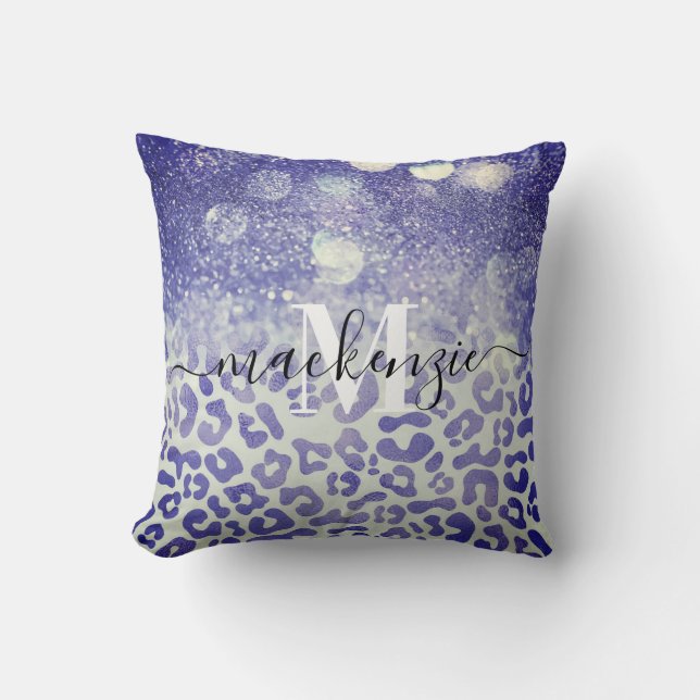 Blue Glitter Leopard Print Cushion (Front)
