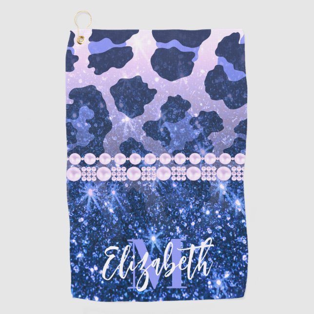 Blue Glitter Leopard Print Golf Towel (Front)