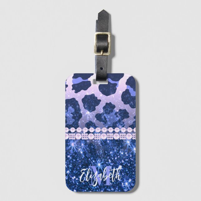 Blue Glitter Leopard Print Luggage Tag (Front Vertical)