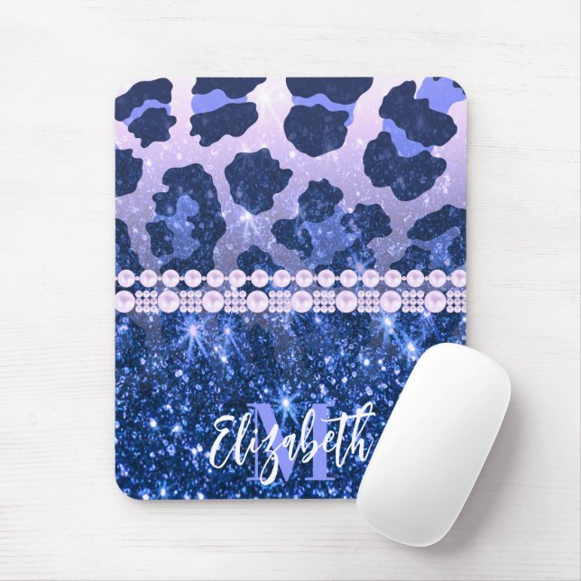 Blue Glitter Leopard Print Mouse Mat (With Mouse)