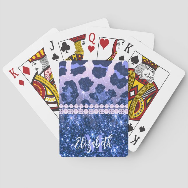 Blue Glitter Leopard Print Playing Cards (Back)