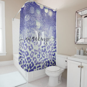 Blue Glitter Leopard Print Shower Curtain