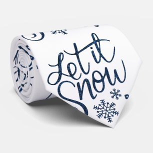 Blue Glitter Let It Snow Calligraphy Neck Tie