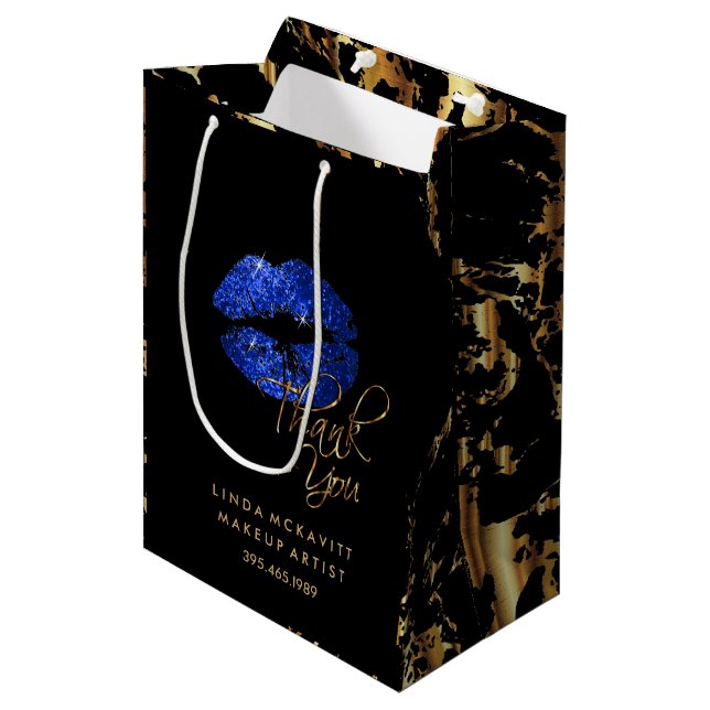 Blue Glitter Lips and Gold Marble - Thank You Medium Gift Bag (Front Angled)