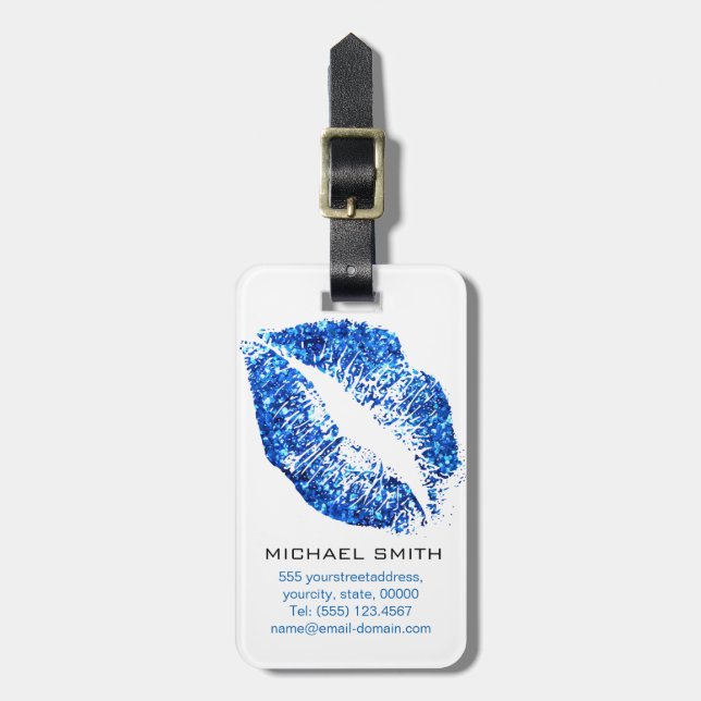 Blue Glitter Lips Luggage Tag (Front Vertical)