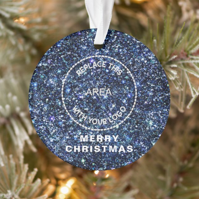 Blue Glitter Logo Corporate Name Merry Christmas Ornament (Tree)