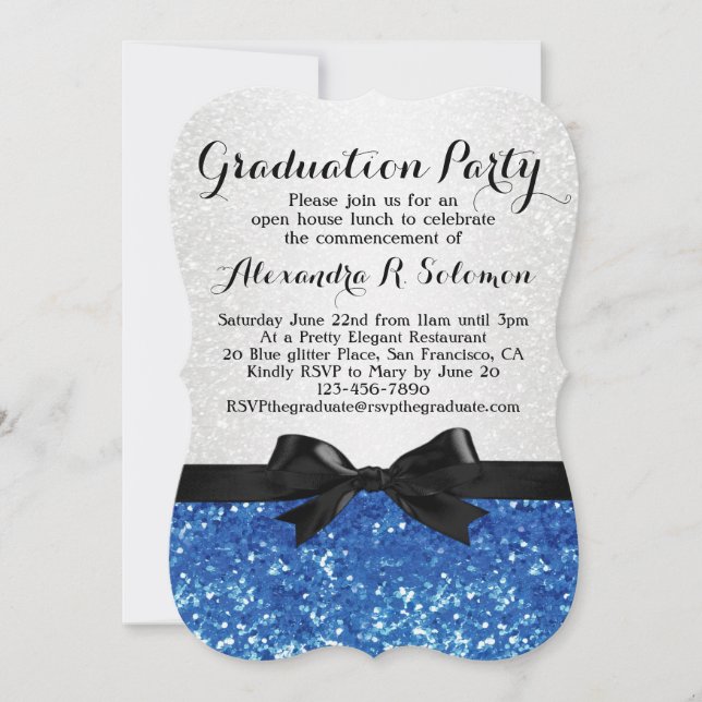 Blue Glitter-look Bow Graduation Party Invitation (Front)