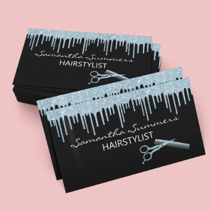 Blue Glitter Look Hairstylist Brush Scissors Business Card