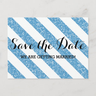 Blue Glitter Look Stripes Save the Date Postcard