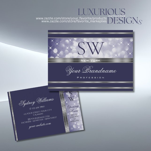 Blue Glitter Luminous Stars Initials Silver Border Business Card (Creator Uploaded)