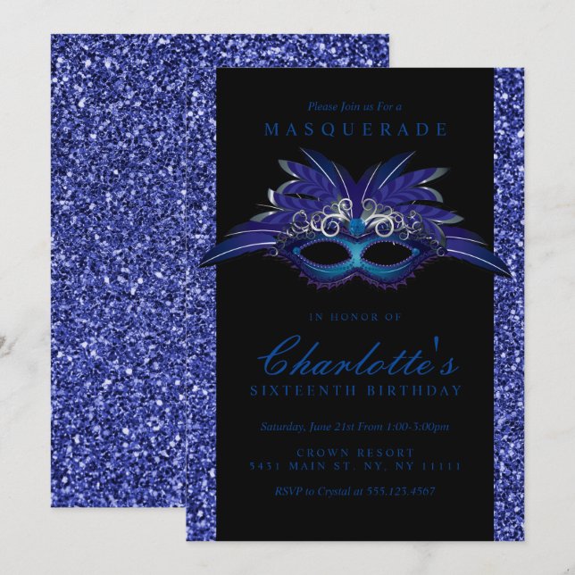 Blue Glitter Masquerade Party Invitations (Front/Back)