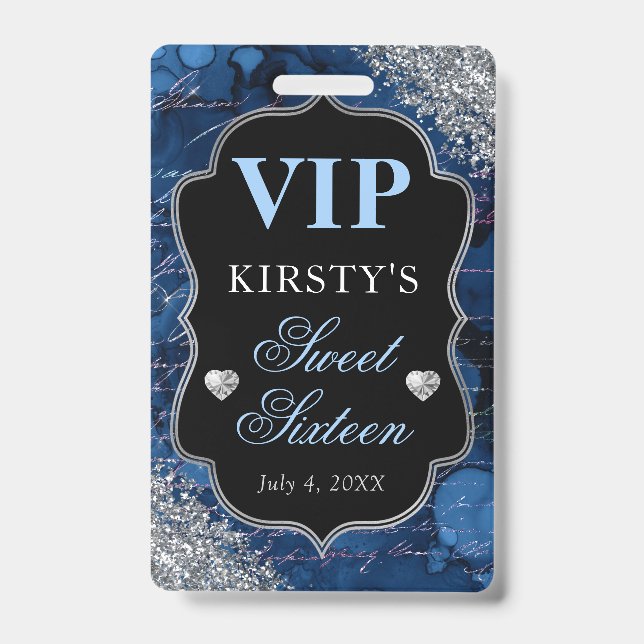 Blue Glitter Mermaid Letters Sweet Sixteen VIP ID Badge (Front)