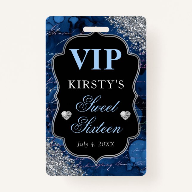 Blue Glitter Mermaid Letters Sweet Sixteen VIP ID Badge (Front)