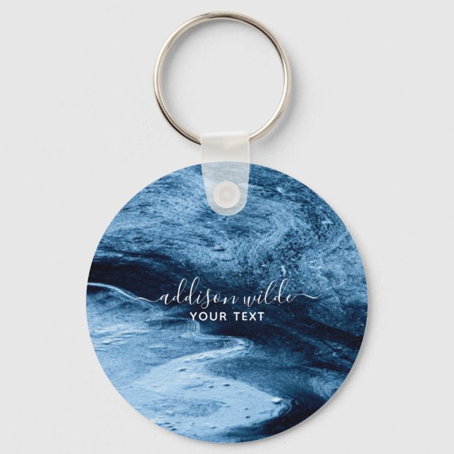  Blue Glitter Modern Abstract Personalised   Key Ring (Front)