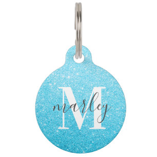 Blue Glitter Monogram Name Pet Tag
