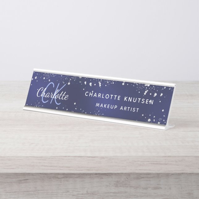 Blue glitter monogram professional  desk name plate (Front)