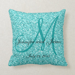 Blue Glitter Monogrammed Wedding Keepsake Pillow
