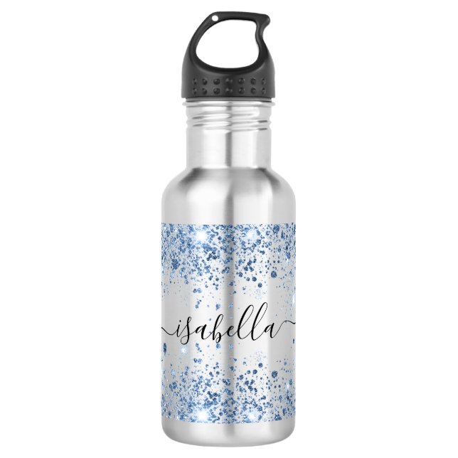 Blue glitter name script elegant 532 ml water bottle (Front)