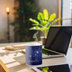 Blue glitter name script elegant coffee mug