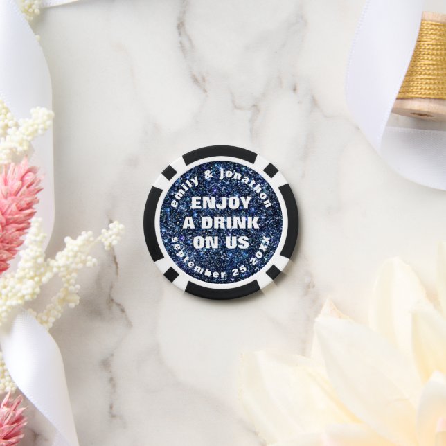Blue Glitter Names Date Wedding Drink Token  (Wedding)