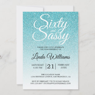 Blue Glitter Ombre 60 and Sassy 60th Birthday Invitation