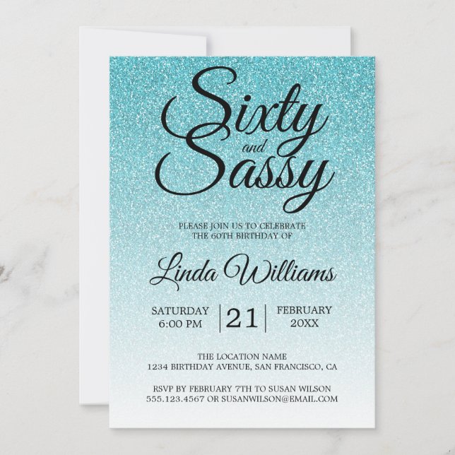 Blue Glitter Ombre 60 and Sassy 60th Birthday Invitation (Front)