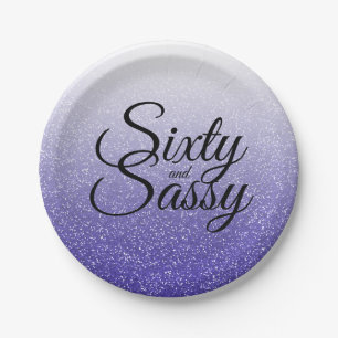 Blue Glitter Ombre 60 and Sassy 60th Birthday Paper Plate
