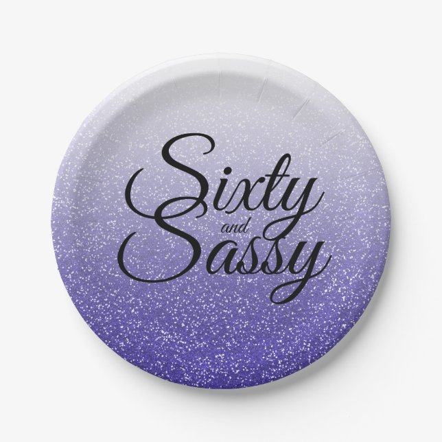 Blue Glitter Ombre 60 and Sassy 60th Birthday Paper Plate (Front)