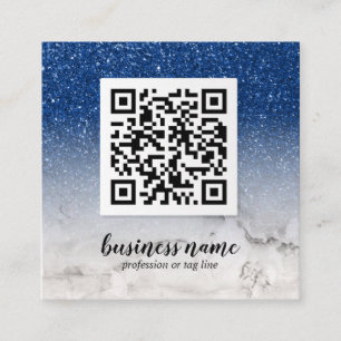 Blue Glitter Ombre Cursive QR CODE social icon  Square Business Card