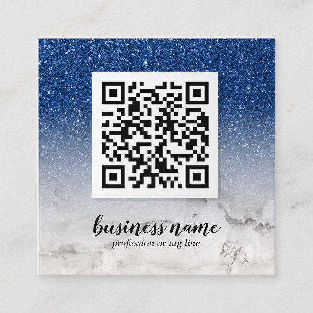 Blue Glitter Ombre Cursive QR CODE social icon  Square Business Card (Front)