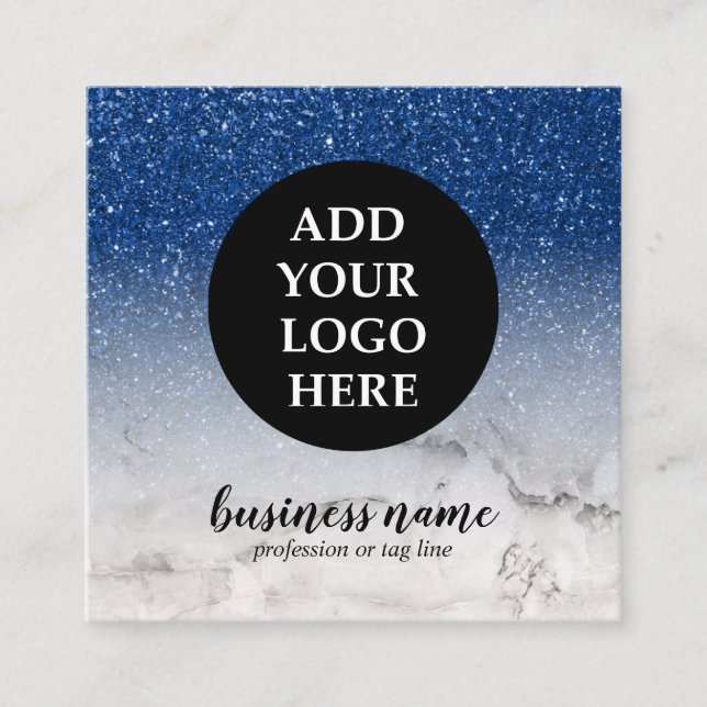 Blue Glitter Ombre Cursive Your Logo social icon Square Business Card (Front)