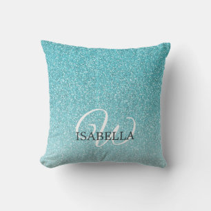 Blue Glitter Ombre Custom Name Monogram Cushion